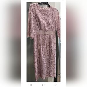 NY&C EVA MENDES Blush-Lavender Floral Lace Overlay Midi Pencil Dress, Lined, SM